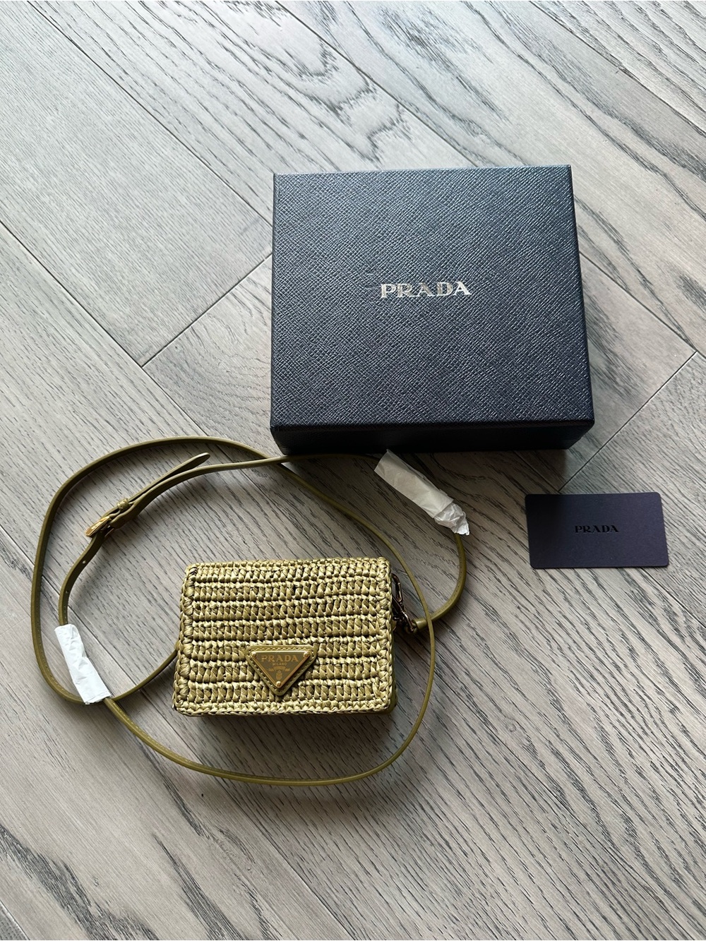 Prada Olive Woven Raffia Mini Crossbody Bag